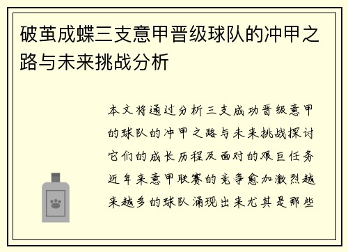 破茧成蝶三支意甲晋级球队的冲甲之路与未来挑战分析